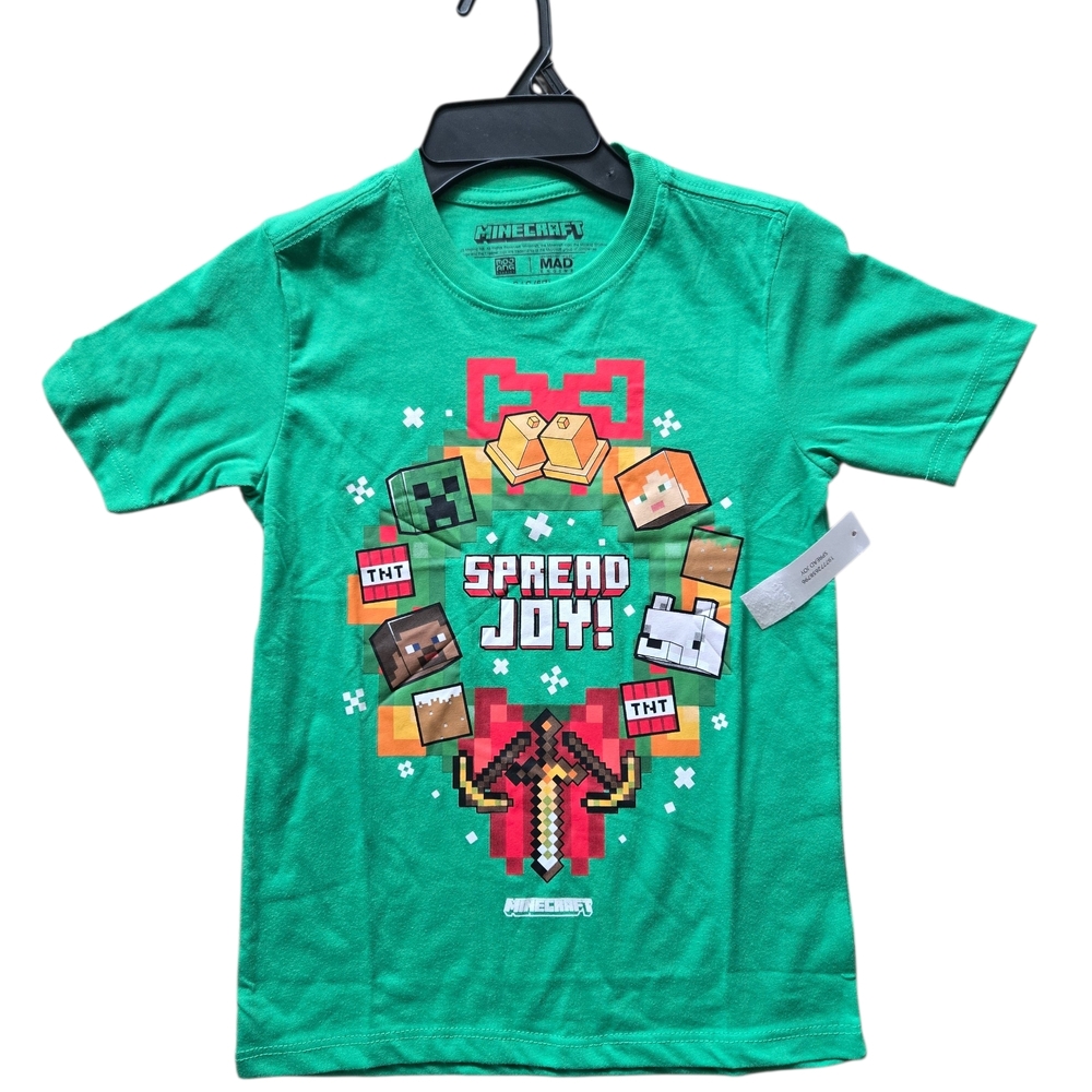 Minecraft “Spread Joy!” Christmas Tee Boys S (6/7) Kelly Green NWT